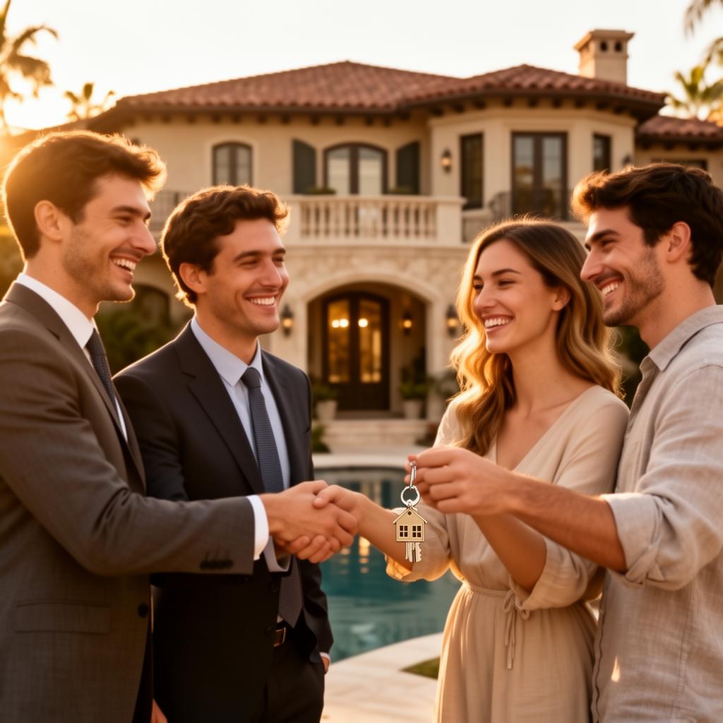 Two real estate agents handing house keys to a happy couple in front of a luxury villa