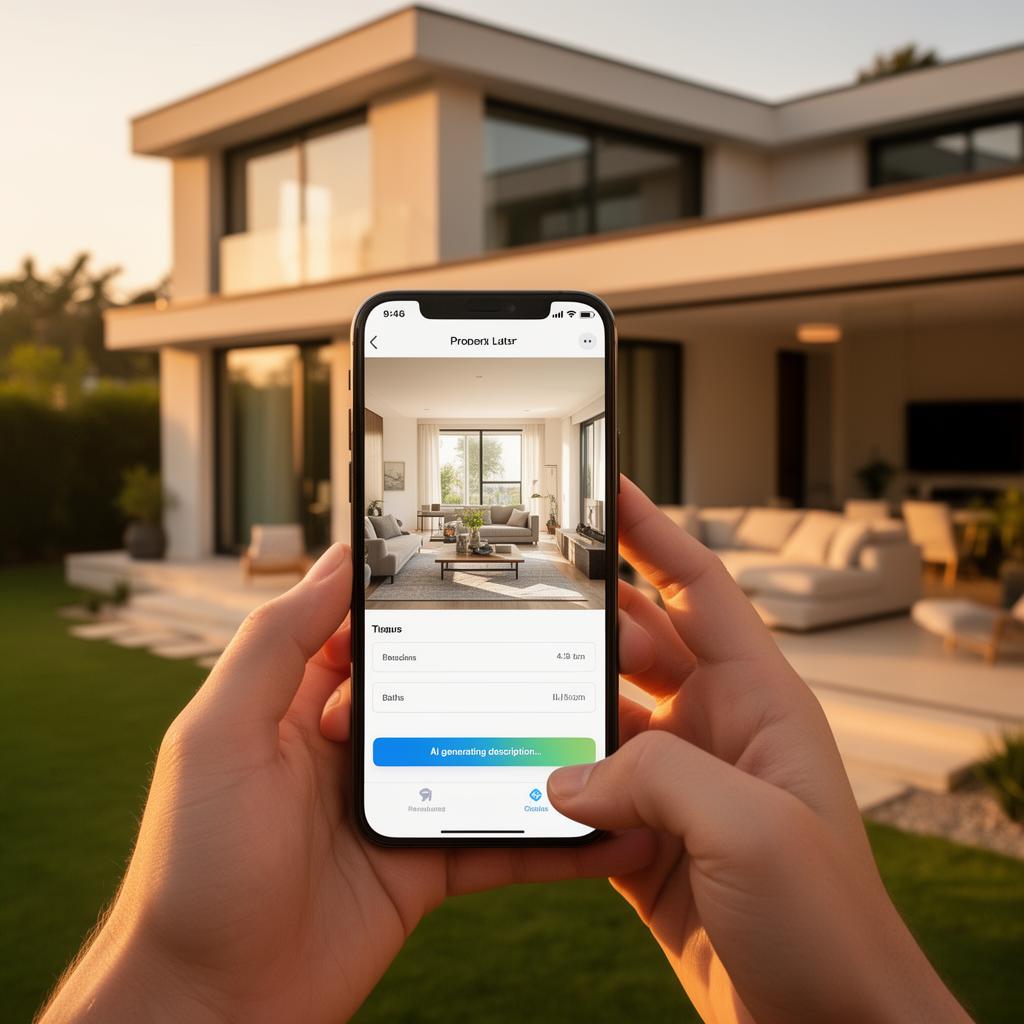 Real estate agent using mobile app to photograph a villa and create a property listing with AI