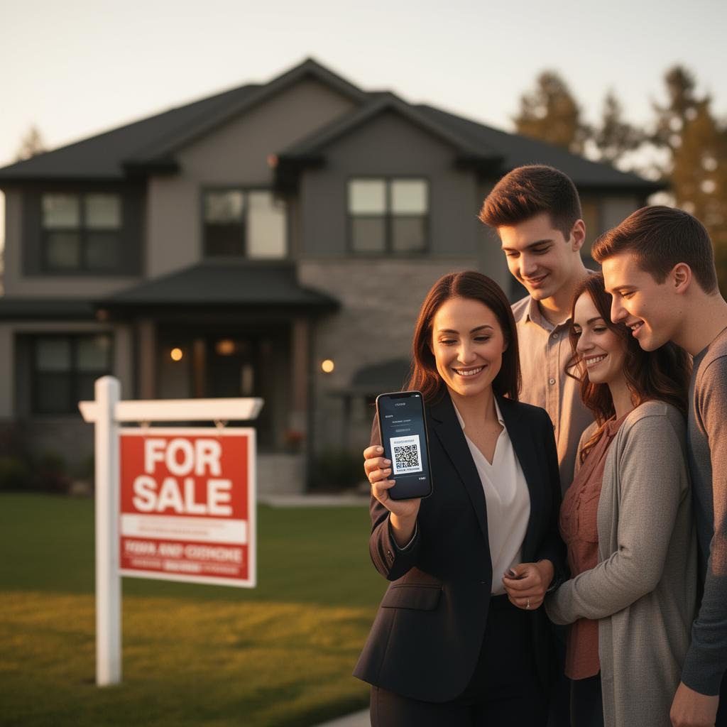 Real estate agent and clients scanning a phone outside a house